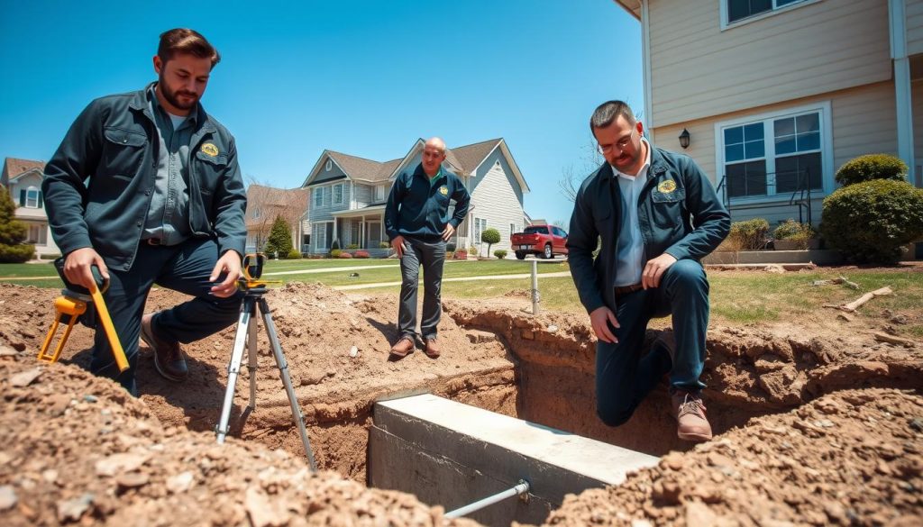A professional foundation repair scene in Bayside, featuring skilled workers in smart casual attire. In the foreground, two technicians are assessing a residential foundation, using tools like a leveling instrument and measuring tape. The middle layer depicts a partially excavated area with exposed concrete and steel reinforcements, illustrating the underpinning process. The background showcases a suburban neighborhood with charming houses and green lawns, under a clear blue sky. The lighting is bright and natural, highlighting the focused expressions of the workers. The composition is captured from a low angle to emphasize the importance of foundation integrity, creating a professional and trustworthy atmosphere.