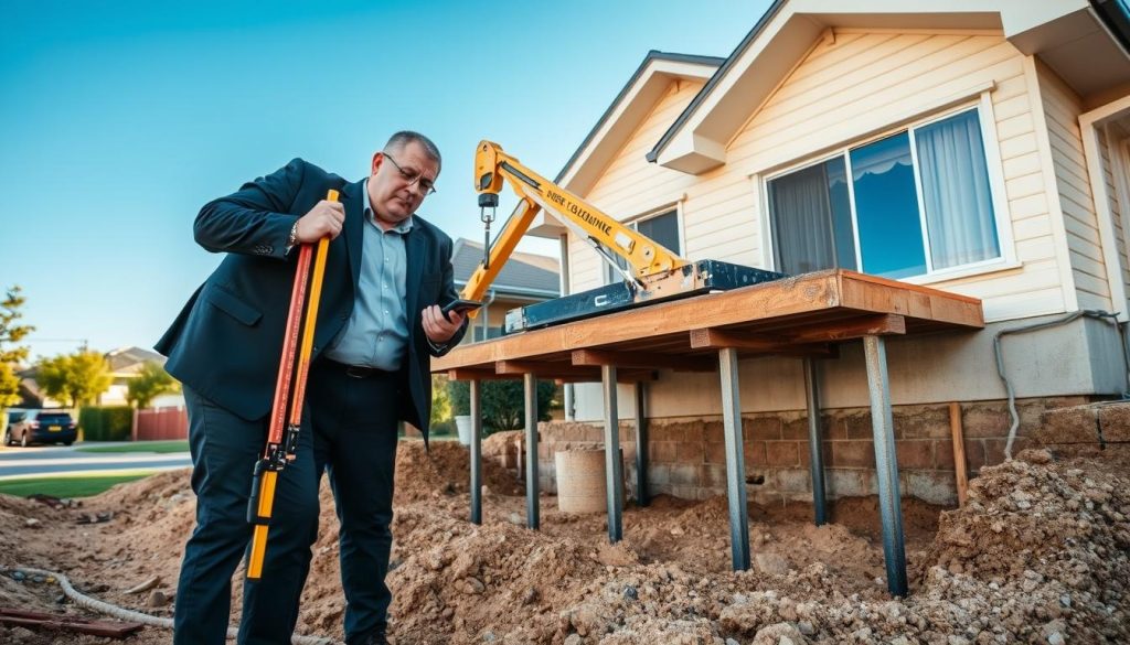 A professional foundation repair team working on a residential home in Brimbank, showcasing core services for underpinning. In the foreground, two technicians in professional business attire carefully assess the foundation using measuring tools, their expressions focused and determined. The middle ground features structural supports being installed, with a hydraulic lift and concrete being applied, illustrating the repair process. The background includes a partially visible house with exposed foundation, surrounded by a well-maintained residential area. The scene is illuminated by soft, natural daylight, capturing a clear blue sky. The angle is slightly elevated, providing a comprehensive view of the work in progress, conveying a mood of efficiency and professionalism.
