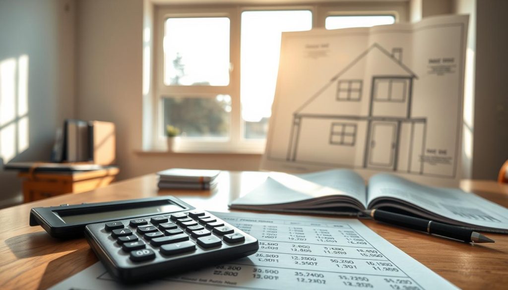 A professional indoor setting featuring a close-up view of a well-lit office desk. Foreground: a neatly organized desk with a calculator, a notepad filled with figures, and a pen, suggesting pricing strategies and cost analysis. Middle ground: a large window with visible gaps, highlighting potential insulation issues caused by foundation movement, sunlight streaming through the gaps creating a contrast with shadows on the desk. Background: an open blueprint of a house showing foundation outlines and window placements. The mood is serious and analytical, emphasizing transparency and clarity. Use natural lighting with soft shadows, and shoot from a slightly elevated angle to give depth to the scene.