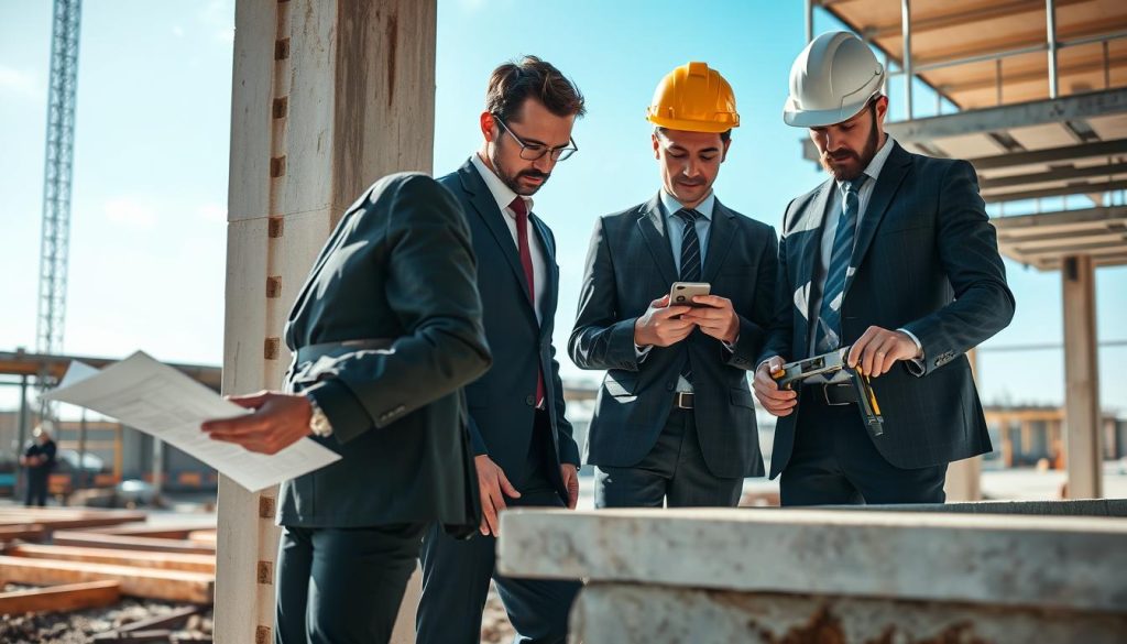 A professional inspection scene set in a construction environment, showcasing a diverse team of three inspectors in business attire thoroughly examining structural elements. In the foreground, one inspector is using digital tools to analyze blueprints, while another inspects a foundation with a measuring device. The middle ground features construction beams and ongoing work, illustrating active project development. In the background, a clear blue sky peeks through the scaffolding, enhancing the bright and optimistic atmosphere. The soft, natural lighting highlights the details in the inspectors' focused expressions and the textures of the construction materials. The composition should convey professionalism, expertise, and dedication to quality, ideal for a serious article on construction processes.