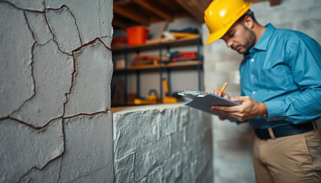 A professional inspector in a hard hat examines structural wall cracks in a residential basement, highlighting the differences between cosmetic and structural damage. In the foreground, a close-up of a fissured wall reveals various types of cracks—vertical, horizontal, and jagged—under soft ambient lighting. The midground features the inspector taking notes on a clipboard, dressed in a blue button-down shirt and khaki pants, showcasing focused attention to detail. In the background, shelves lined with tools and repair materials hint at ongoing renovations. The atmosphere evokes a serious yet informative mood, indicating the importance of recognizing potential structural issues. The image should be well-lit to accentuate textures and emphasize the inspector's precise movements, captured from an eye-level angle.