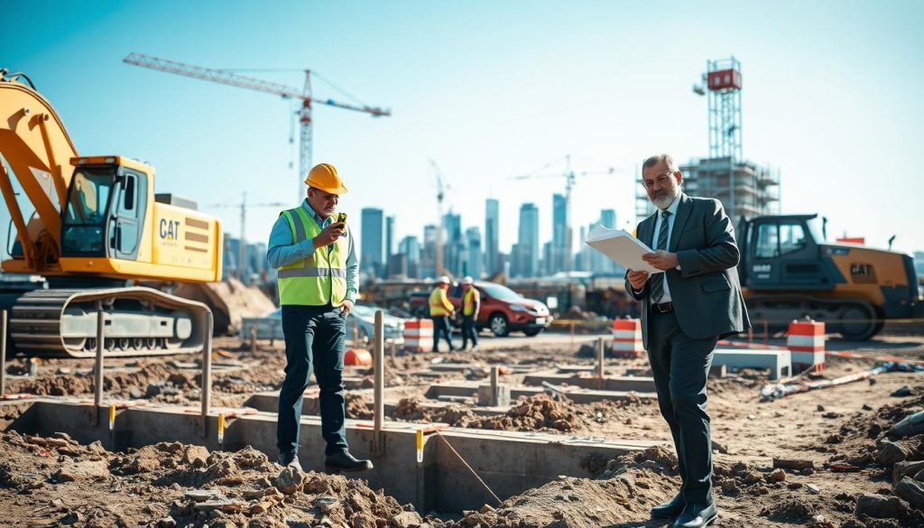 A professional inspector in business attire is examining a foundation site in Melbourne, surrounded by heavy machinery and construction materials. In the foreground, focus on the inspector using a clipboard and a laser level, meticulously checking the alignment of foundation piers. The middle ground features partially exposed footings and an underpinning system being installed, with workers collaborating effectively. The background shows Melbourne's skyline under a clear blue sky, with cranes and scaffolding indicating active construction. The lighting is bright and natural, casting soft shadows that enhance the details of the scene. The overall atmosphere conveys diligence, innovation, and the importance of foundation stability in construction.