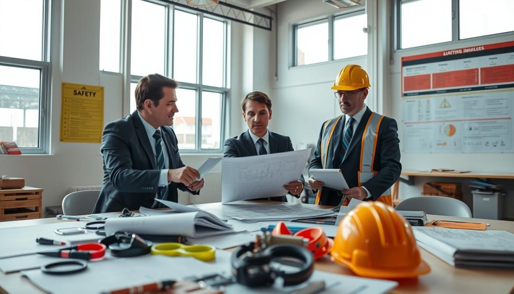 A professional project manager and a safety officer discussing plans in a well-lit construction office environment. In the foreground, a large table cluttered with blueprints, safety gear, and compliance documents, illustrating the meticulous planning and procedures. The middle ground features two individuals in professional business attire, one pointing at a blueprint while the other takes notes, both focused and engaged. In the background, large windows allow natural light to pour in, illuminating safety posters and project timelines on the walls, creating a sense of transparency and accountability. The mood is serious yet collaborative, emphasizing diligence and adherence to safety protocols. The angle captures the depth of the office, showcasing the importance of process and safety in project management without any distractions.