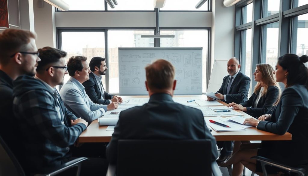 A professional scene depicting a compliance safety engineering oversight session in an office environment. In the foreground, a diverse group of engineers in business attire, including men and women, are gathered around a large conference table filled with blueprints and safety checklists. The middle ground features a whiteboard with engineering diagrams and compliance charts, while large windows in the background allow natural light to stream in, creating a warm, welcoming atmosphere. The lighting should be bright but soft, illuminating the faces of the engineers, who appear engaged in thoughtful discussion. The angle should be slightly tilted from above to capture the collaboration and concentration in the room, highlighting a sense of trust and professionalism in their approach to safety and compliance.