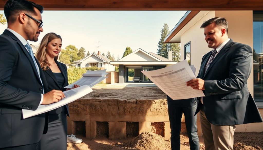 A professional setting showcasing foundation compliance for home extensions in Melbourne. In the foreground, a diverse team of three professionals in smart business attire, one holding a set of architectural plans, and another reviewing a compliance checklist. In the middle, a modern home extension under construction, featuring exposed foundation work with clear compliance markers. The background depicts a sunny Melbourne suburban neighborhood with new homes, lush greenery, and clear blue sky. Soft, natural lighting creates a warm atmosphere, highlighting the teamwork and precision within the construction process. The perspective is slightly angled to capture both the details of the foundation work and the professionalism of the team.