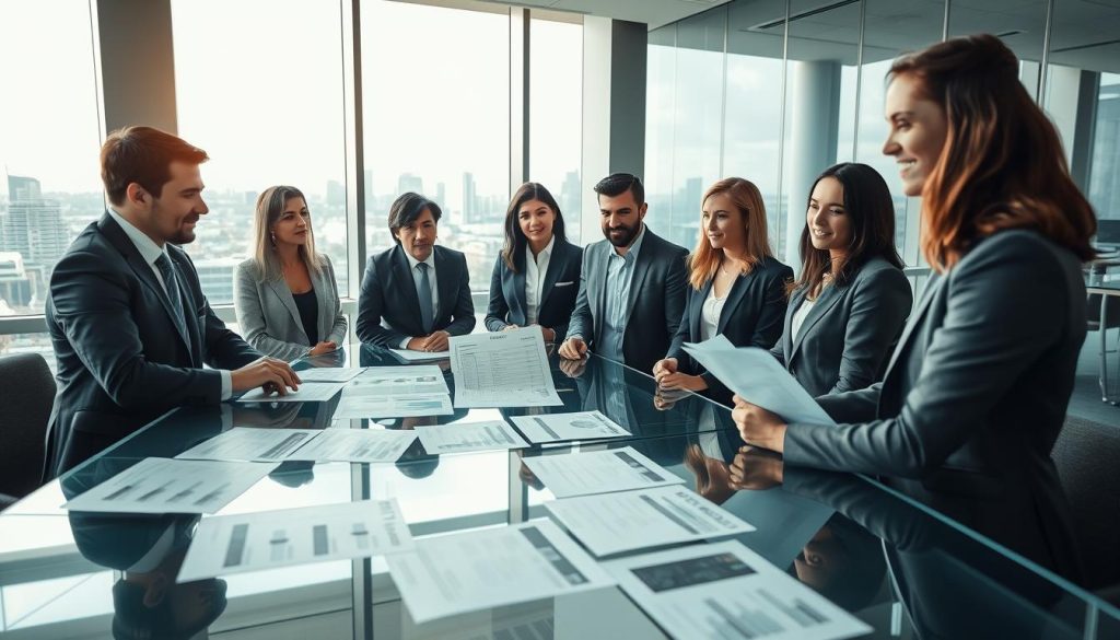 A professional setting showcasing transparent pricing in action. In the foreground, a diverse group of professionals in business attire collaborate around a sleek glass table filled with transparent documents, charts, and fixed quote sheets. One individual points at a detailed graphic illustrating pricing structures. In the middle background, large windows let in soft, natural light, creating a warm ambiance. A cityscape view of Glen Eira can be seen, enhancing the local connection. The atmosphere is one of clarity and trust, emphasizing efficient communication and fast response. The lighting is bright yet inviting, with a focus on showcasing the documentation and the engaged expressions of the team members. The angle is slightly elevated, offering a comprehensive view of the interactive workspace without distractions.