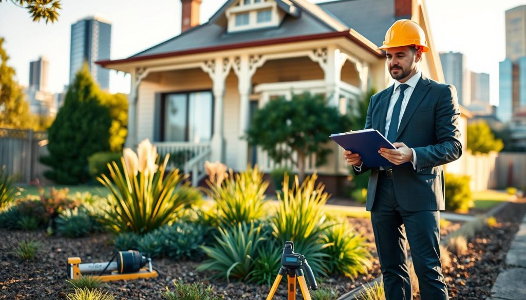 A professional site assessment for a Melbourne home, featuring a well-dressed inspector in a hard hat evaluating the foundation of a charming Victorian-style house. In the foreground, the inspector holds a clipboard, taking notes, while a digital measuring tool rests on the ground. The middle ground showcases the property’s lush garden, complete with native Australian plants, symbolizing a thorough environmental consideration. In the background, cityscape elements subtly hint at Melbourne, with soft-focus skyscrapers. The scene is bathed in warm afternoon sunlight, creating a friendly and professional atmosphere. The angle captures both the inspector and the home, emphasizing the importance of quality assessment in underpinning inspections.
