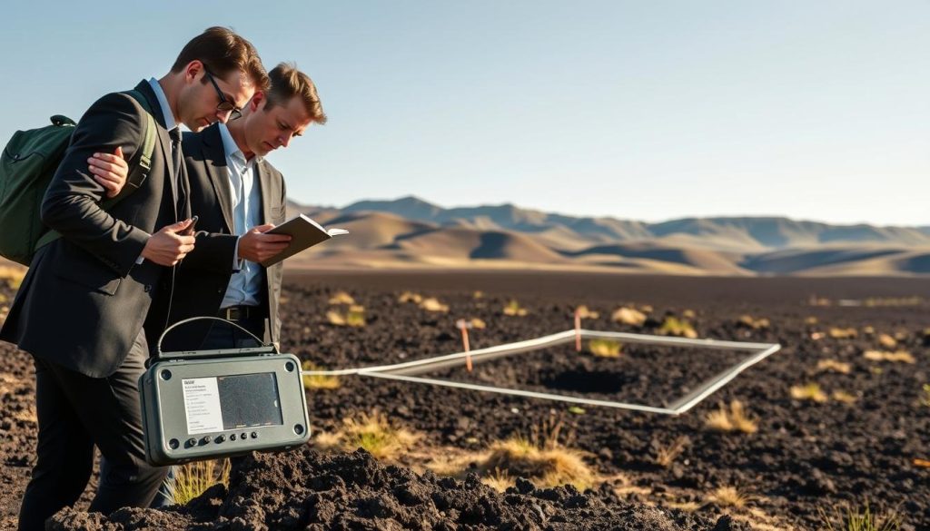 A professional site assessment scene set on the Victorian Volcanic Plain. In the foreground, a team of two individuals in professional business attire examines soil samples using a portable testing kit, with focused expressions. One holds a clipboard while the other adjusts equipment, showcasing collaboration. The middle ground features an outlined property boundary with stakes and tape, alongside geological features typical of basalt plains, such as dark volcanic soil and sporadic grass. In the background, rolling hills under a clear blue sky highlight the distinctive landscape. Golden sunlight casts gentle shadows, emphasizing a calm, serious atmosphere of scientific inquiry. The composition features a slightly elevated angle to capture the entire setting, ensuring clarity and professionalism in the portrayal of site assessment.