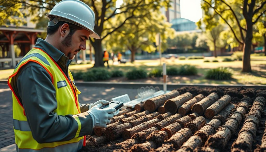 A professional soil testing scene in a Melbourne setting, showcasing a geotechnical engineer conducting soil analysis in a park-like area. In the foreground, a focused engineer in a hard hat and safety vest inspects soil samples with a handheld testing device. Surrounding them, an array of soil testing equipment, such as sampling tools and test tubes. In the middle ground, neatly arranged soil cores demonstrate different layers and textures of the earth, highlighted under natural sunlight. The background features a blend of urban Melbourne architecture and lush greenery, signifying the interaction between nature and infrastructure development. The ambiance is one of professionalism and scientific inquiry, with soft, warm lighting that casts gentle shadows, creating a sense of diligence and expertise. A professional soil testing scene in a Melbourne setting, showcasing a geotechnical engineer conducting soil analysis in a park-like area. In the foreground, a focused engineer in a hard hat and safety vest inspects soil samples with a handheld testing device. Surrounding them, an array of soil testing equipment, such as sampling tools and test tubes. In the middle ground, neatly arranged soil cores demonstrate different layers and textures of the earth, highlighted under natural sunlight. The background features a blend of urban Melbourne architecture and lush greenery, signifying the interaction between nature and infrastructure development. The ambiance is one of professionalism and scientific inquiry, with soft, warm lighting that casts gentle shadows, creating a sense of diligence and expertise.