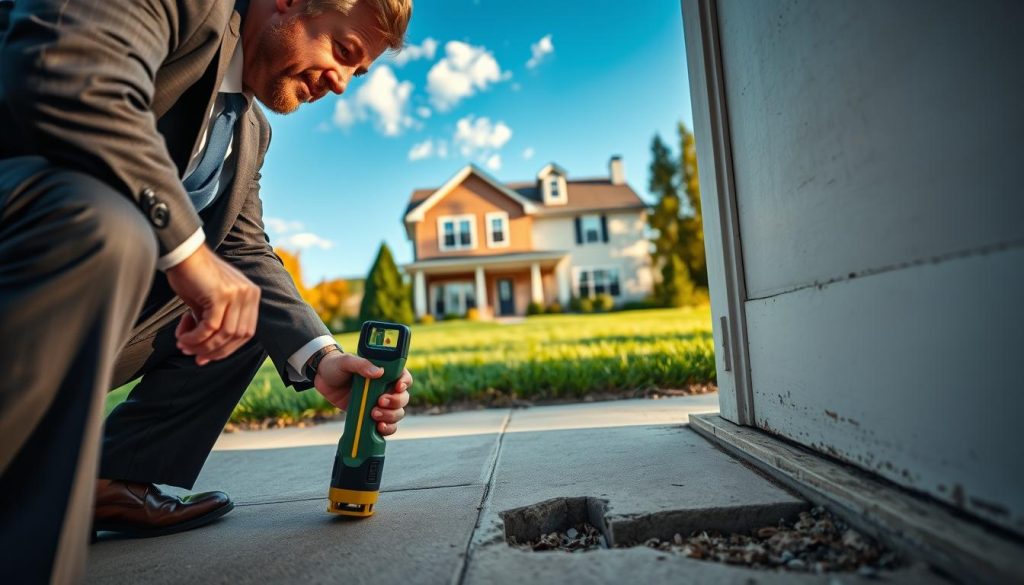 A professional structural engineer in a smart business suit, inspecting a home's foundation with a handheld laser level. In the foreground, focus on the engineer, who is crouched down, examining a small crack in the concrete foundation, one hand measuring while the other holds the device. In the middle, a partially opened door with paint chips and visible misalignment suggests foundation issues. In the background, a well-maintained suburban house shows symptoms of settling, surrounded by green grass and trees under a clear blue sky. The lighting is warm and inviting, capturing the afternoon sun that enhances the focus on the engineer's diligent assessment, conveying a sense of urgency and professionalism. The overall mood is serious yet hopeful, emphasizing the importance of timely structural assessments.