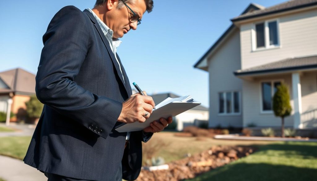 A professional structural inspector assessing a residential property in Melbourne. In the foreground, a middle-aged man in a crisp, navy blue blazer and smart trousers holds a clipboard and a pen, examining a cracked foundation carefully. The middle layer features a partially visible house with visible structural issues, highlighting cracks in the walls and uneven ground. In the background, a clear blue sky complements the suburban landscape with neatly trimmed lawns and standard Melbourne architectural styles. Soft daylight illuminates the scene, casting gentle shadows to enhance the details of the inspection process. The mood is serious yet hopeful, reflecting the importance of a thorough assessment for homeowners seeking a fixed-price quote for underpinning services.