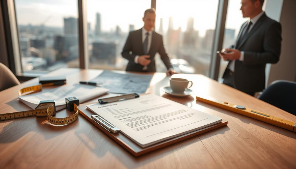 A professional tangible scene centered around a "free assessment quote" for a needle beam underpinning project in Melbourne. In the foreground, a neatly folded, printed quote on a clipboard rests on a clean, wooden table. Next to it, a set of high-quality tools like a measuring tape and level demonstrate precision. In the middle ground, two professionals in business attire discuss the project, one gesturing towards a blueprint on the table, showcasing collaboration and expertise. The background features a softly blurred view of Melbourne’s skyline, symbolizing the location and industry. Daylight filters through a nearby window, casting soft shadows, creating a bright and optimistic atmosphere of professionalism and trust. The angle should focus on the clipboard and the engaged professionals to emphasize the free assessment theme.