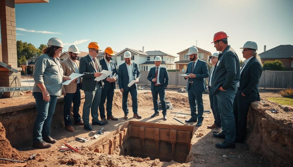A professional team of construction workers and engineers collaboratively inspecting a home foundation in Melbourne, highlighting the process of underpinning. In the foreground, diverse team members in professional business attire, including safety helmets, discussing blueprints and taking measurements. In the middle ground, a partially excavated foundation, revealing underpinnings being installed, tools scattered around. The background features suburban Melbourne houses under a bright, clear sky, with soft, natural sunlight illuminating the scene. The atmosphere is focused and industrious, conveying teamwork and expertise in home renovations. Capture this scene with a wide-angle lens to enhance depth, showcasing the craftsmanship and dedication of the team.