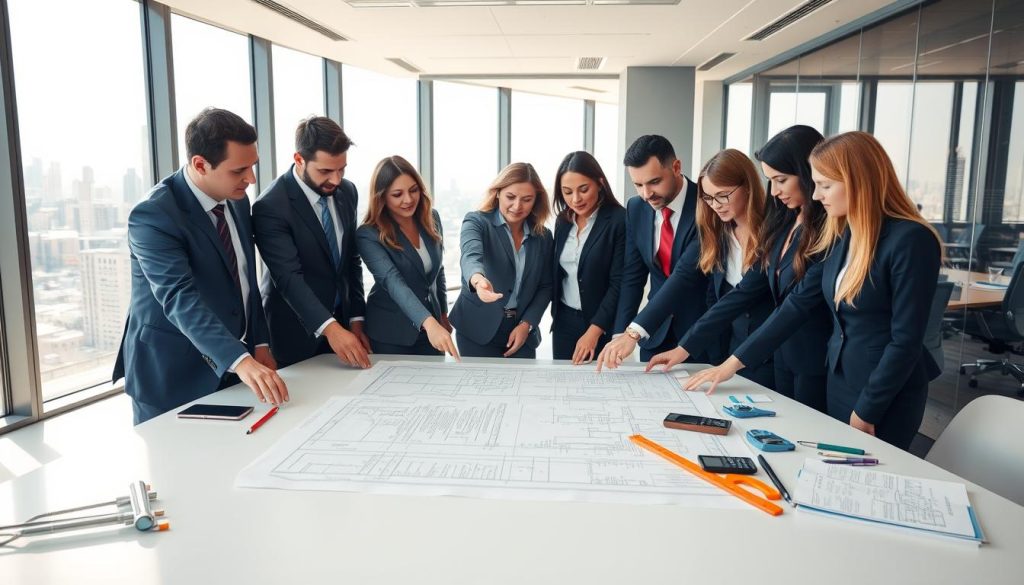 A professional team of engineers gathered around a large blueprint on a modern table, deep in discussion. They are dressed in smart business attire, including suits and ties, as well as professional dresses. In the foreground, open engineering schematics and tools like rulers and calculators are displayed. In the middle, the diverse team, comprising men and women of various ethnicities, points at specific sections of the blueprint, showcasing collaboration and expertise. The background features a well-lit office with large windows revealing a view of Melbourne’s skyline. The atmosphere is focused and dynamic, reflecting a sense of professionalism and teamwork, illuminated by natural light pouring through the windows, creating a bright and inviting environment.