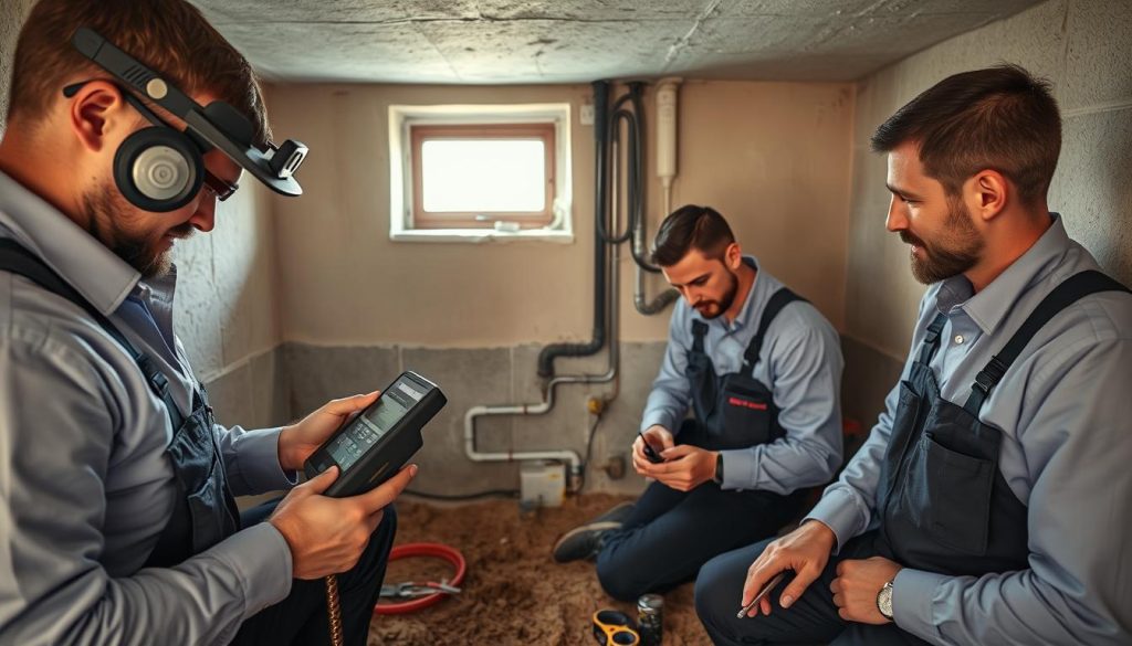 A professional team of technicians in smart uniforms conducts maintenance on leaking pipes, emphasizing the "Detect - Repair - Protect process." In the foreground, a technician uses advanced sensing equipment to detect moisture and pressure issues in a residential basement, showcasing state-of-the-art technology. In the middle, another technician actively repairs a burst pipe, with tools and equipment neatly arranged nearby. The background features a visible slab foundation and plumbing layout, illustrating the environment of Melbourne homes. Soft, natural lighting filters through a small window, casting a warm glow over the scene, creating a focused and industrious atmosphere. Capture the intricacies of the workflow, ensuring all technicians appear engaged and professional, without any distractions like text or watermarks in the image.
