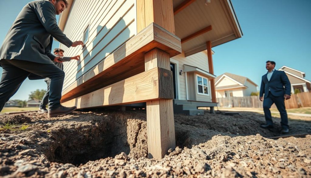 A professional team of workers in business attire is actively engaged in restumping a house, showcasing their precision and expertise. In the foreground, focus on a sturdy wooden support beam being carefully positioned beneath a raised corner of a home, reflecting the importance of foundation stability. The middle ground features a partially excavated area revealing the soil and footings of the house, emphasizing the technical aspect of underpinning services. In the background, the heightened structure of the residence is visible, surrounded by a serene suburban landscape under a clear blue sky, portraying a sense of reliability and safety. The scene is well-lit with natural sunlight, creating an inviting atmosphere. Capture this from a low angle to enhance the visual impact of the foundation work and the team’s dedication to providing stable, level homes.