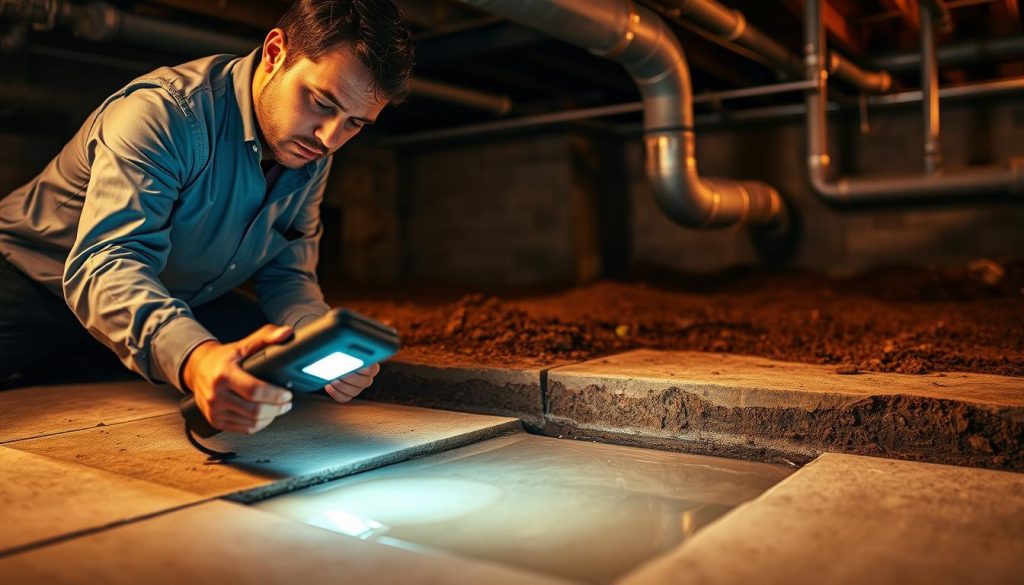 A professional technician in smart casual attire is using advanced non-invasive leak detection equipment to examine a section of a concrete slab. In the foreground, the technician is focused, with a sleek handheld device emitting subtle light to reveal hidden leaks beneath the surface. The middle ground portrays a partially excavated area where clear signs of moisture can be seen, indicating potential leaks. The background features a dimly lit basement with exposed pipes and structural beams, creating an atmosphere of precision and urgency. The overall lighting is warm yet clinical, highlighting the technician's concentration and the technological tools in use. The image should convey a sense of professionalism, innovation, and a proactive approach to diagnosing plumbing issues without causing damage.