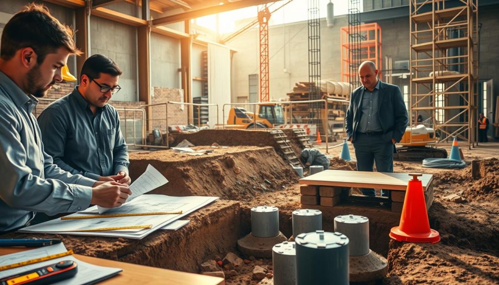 A richly detailed scene depicting a professional engineering setting focused on underpinning solutions. In the foreground, a diverse group of engineers in professional attire examines foundation plans on a table, using tools like measuring tapes and structural diagrams. The middle ground features a partially excavated site showcasing advanced underpinning methods, like helical piers and underpinning brackets, with construction machinery subtly visible. In the background, a well-lit construction site is shown, with safety barriers and scaffolding suggesting active work. Warm, natural light filters in from the side, casting soft shadows and highlighting the seriousness of the task at hand. The mood is focused and industrious, suggesting innovation and expertise aimed at addressing foundation stability.