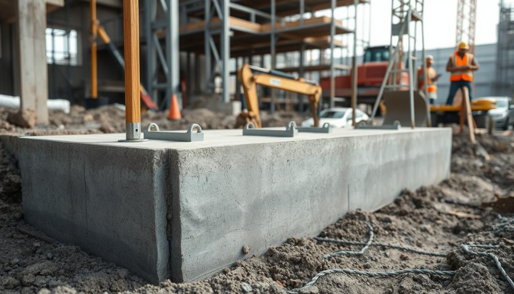 A robust and detailed illustration of a solid foundation for underpinning, emphasizing strength and stability. In the foreground, a reinforced concrete base with visible steel reinforcements, showcasing clear structural integrity. The middle ground features temporary props and supports, meticulously arranged to demonstrate the underpinning process, emphasizing their role in maintaining stability while the primary foundation is reinforced. The background presents a construction site scene, with scaffolding and safety equipment in soft-focus to avoid distraction from the main subject. Soft, natural lighting filters through, casting realistic shadows, while a slight upward angle captures the height and perspective of the structure. The mood conveys a sense of professionalism, safety, and engineering precision, inviting viewers to appreciate the importance of a solid base in construction.