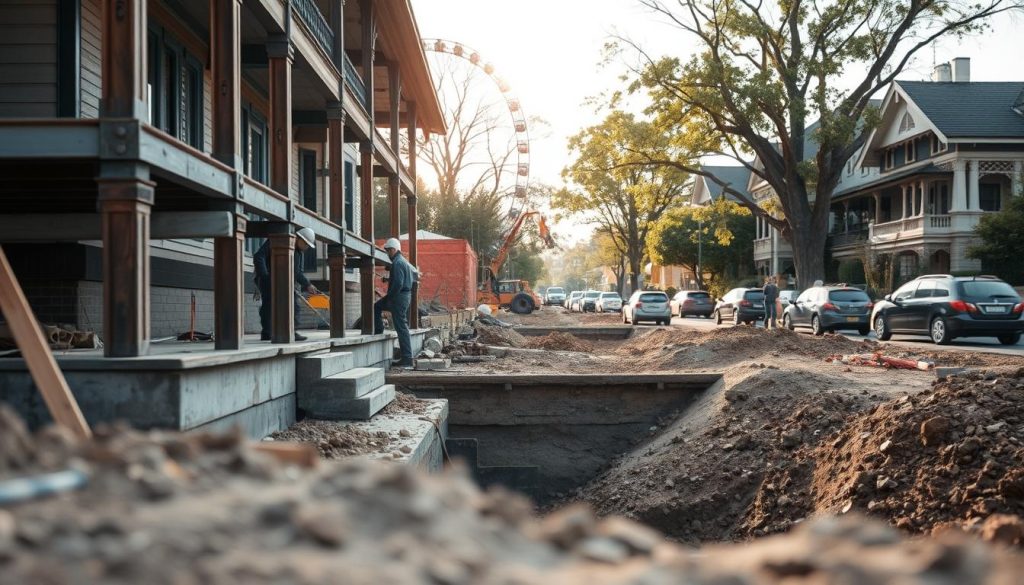 A scene showcasing structural preservation homes in Melbourne, emphasizing safety and engineering compliance. In the foreground, a detailed view of a Victorian-era house undergoing underpinning, with construction materials like steel beams and concrete visible. Skilled workers in modest professional attire, focusing on their tasks with precision. The middle ground features a partially excavated foundation, highlighting methods and techniques used in ensuring stability. In the background, a tree-lined Melbourne street, dotted with heritage-listed homes, bathed in soft, natural daylight. The atmosphere is industrious yet calm, conveying professionalism and integrity in the underpinning process. Use a shallow depth of field to emphasize the foreground details, capturing the essence of architectural preservation.