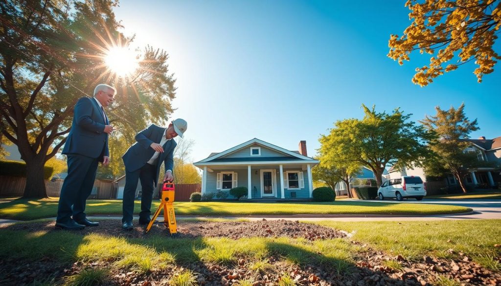 A serene Bayside suburb scene showcasing foundation services. In the foreground, a professional team in business attire examines a residential property's foundation, with tools like a laser level and measuring tape. The middle ground features a charming single-story house with a well-maintained lawn, emphasizing the local property style. The background reveals tree-lined streets and a clear blue sky, with sunlight streaming down, creating a warm and inviting atmosphere. The composition is wide-angle, capturing the essence of a suburban neighborhood while focusing on the foundation work. The lighting is bright and natural, emphasizing the professionalism and care in the service provided. No text or overlays are present, ensuring a clean visual representation.