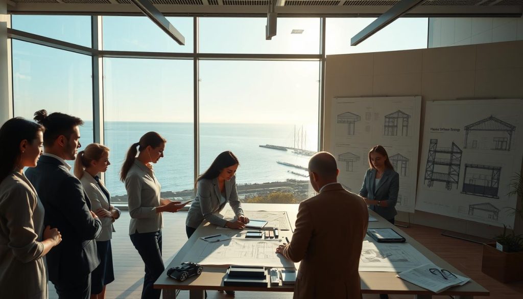 A serene architectural scene depicting a modern engineering office with professionals actively engaged in planning and design. In the foreground, a diverse group of individuals in professional attire are gathered around a large table covered with blueprints and digital tablets, analyzing plans with focused expressions. The middle ground features a large window overlooking a tranquil bayside view, with soft sunlight filtering through, creating a warm and inviting atmosphere. In the background, engineering diagrams and structural models are displayed, symbolizing a methodical and calm approach to home safety. The room is well-lit, emphasizing a clean and organized workspace while maintaining an air of professionalism and teamwork, conveying a sense of trust and diligence in their engineering-led process.