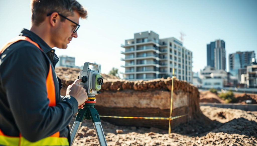 A serene engineering assessment scene showcasing a professional engineer in smart casual attire, examining a foundation's structural integrity. In the foreground, the engineer is using advanced surveying equipment, such as a digital theodolite and measuring tape, with a focused expression. In the middle ground, there is a partially excavated foundation, revealing clear details of soil layers and visible rebar, indicating assessment work in progress. The background features a clear blue sky and urban Melbourne architecture, hinting at the city's context. Soft, natural lighting illuminates the scene, casting gentle shadows, and providing a calm and focused atmosphere, emphasizing the precision and expertise required in foundation assessments.