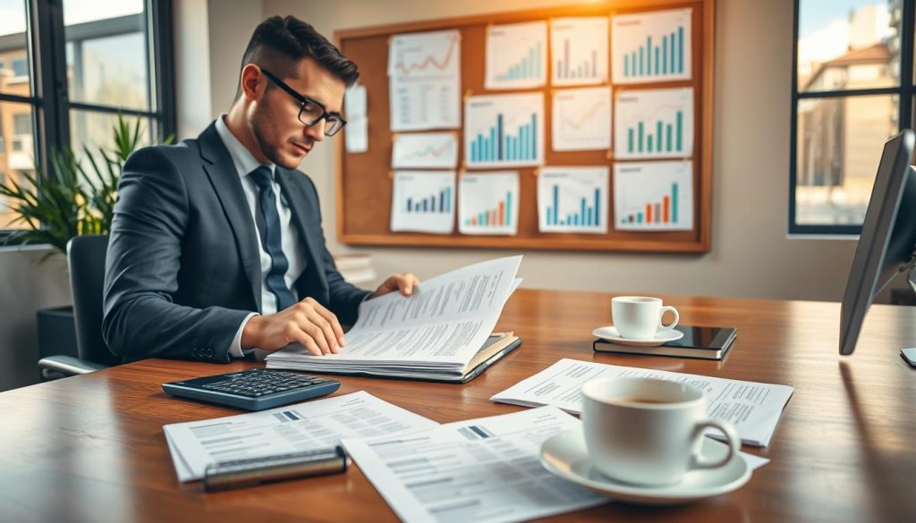 A serene office setting depicting a sleek wooden desk with a neatly arranged collection of documents showcasing pricing quotes, alongside a polished calculator and a cup of steaming coffee. In the foreground, a well-dressed business professional, wearing a tailored suit, is examining the paperwork with a thoughtful expression. The middle ground features a corkboard filled with pinned graphs and charts related to cost analysis, highlighting fluctuations and trends. In the background, large windows permit warm natural light to flood the room, casting gentle shadows. The atmosphere is calm and focused, evoking a sense of professionalism and careful consideration, with a soft depth of field effect to enhance the visual appeal while ensuring the main subjects are sharply in focus.