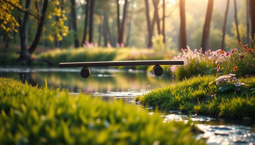A serene scene depicting a perfectly balanced wooden see-saw effortlessly floating above a tranquil pond, symbolizing stability and peace. In the foreground, lush green grass surrounds the see-saw, with a gentle stream flowing nearby. The middle ground features vibrant wildflowers in full bloom, adding color and life to the setting. The background illustrates a peaceful forest with soft sunlight filtering through the trees, creating a warm and calming atmosphere. The lighting is soft and diffused, reminiscent of a golden hour glow, enhancing the tranquility of the scene. A shallow depth of field highlights the see-saw while keeping the surrounding areas slightly blurred, drawing the viewer's focus to the central theme of balance and peace of mind.
