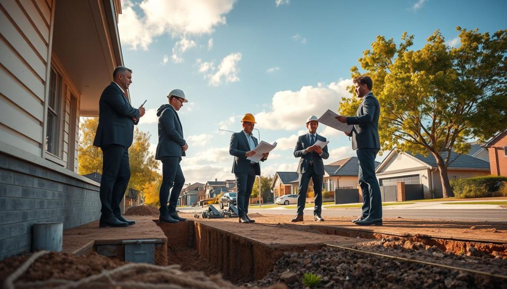 A serene scene showcasing a Hobsons Bay residential area, focusing on a professional team of three engineers in business attire inspecting the foundation of a home. The foreground features sturdy underpinning supports being installed at the base of the house, while the middle ground shows the engineers taking measurements and discussing plans with blueprints in hand. The background displays a mix of suburban architecture, with green trees lining the street, under a bright blue sky with soft white clouds, creating a safe and trustworthy atmosphere. The lighting is warm and natural, emphasizing the work and the integrity of the engineers. The angle captures both the foundation work and the home’s facade, ensuring a comprehensive view of the underpinning process.