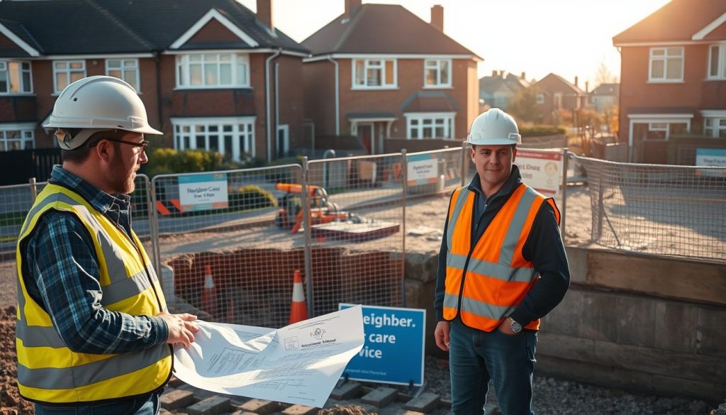 A serene urban scene depicting an active construction site on a bright day, showcasing health and safety measures during underpinning work. In the foreground, a group of three professional workers in hard hats and safety vests discuss plans, their expressions focused and cooperative. In the middle ground, construction machinery is visible along with safety barriers, dust control systems, and clear signage promoting neighbour care. The background features residential houses with well-maintained gardens, emphasizing a calm neighborhood. Soft sunlight casts warm shadows, creating a positive atmosphere, while ensuring a safe work environment. The overall mood is one of collaboration and community awareness, balancing construction activities with consideration for nearby residents. A serene urban scene depicting an active construction site on a bright day, showcasing health and safety measures during underpinning work. In the foreground, a group of three professional workers in hard hats and safety vests discuss plans, their expressions focused and cooperative. In the middle ground, construction machinery is visible along with safety barriers, dust control systems, and clear signage promoting neighbour care. The background features residential houses with well-maintained gardens, emphasizing a calm neighborhood. Soft sunlight casts warm shadows, creating a positive atmosphere, while ensuring a safe work environment. The overall mood is one of collaboration and community awareness, balancing construction activities with consideration for nearby residents.