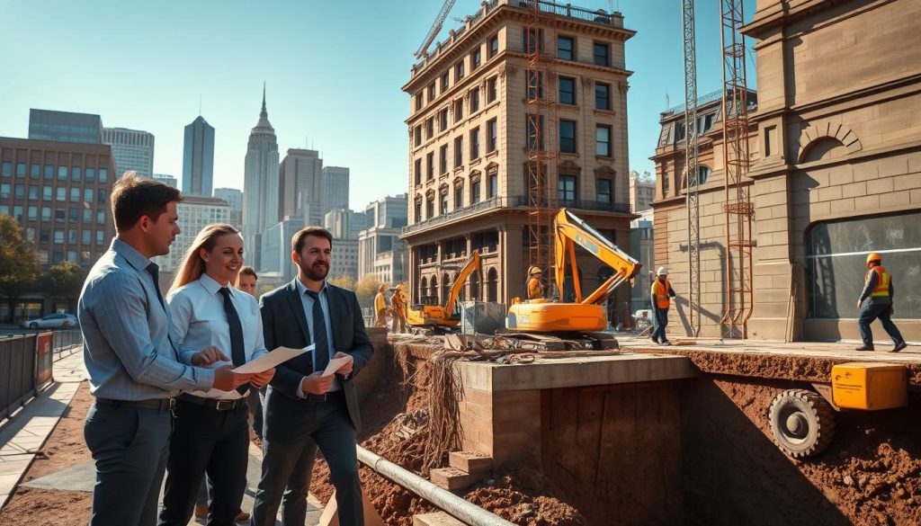 A serene urban setting showcasing a professional construction site in Melbourne, Australia, emphasizing underpinning work. In the foreground, a diverse team of engineers in professional business attire are strategizing over plans, looking confident and engaged. In the middle ground, skilled construction workers use machinery to carefully underpin a historic building, showcasing precision and teamwork. The background features Melbourne's skyline, with iconic architecture and a clear blue sky, creating a sense of place and professionalism. Soft sunlight bathes the scene, highlighting the workers’ determination and the importance of quality underpinning. The overall atmosphere conveys trust, expertise, and the significance of choosing reliable underpinnings services in Melbourne.