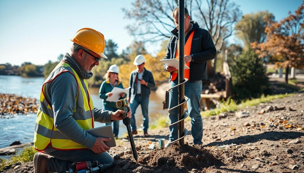 A site testing scene showcasing an alluvial soil investigation near the Yarra River. In the foreground, a professional geotechnical engineer wearing a hard hat and safety vest conducts soil sampling, using a soil auger. Surrounding them, tools like soil test kits and measuring devices are neatly arranged. In the middle ground, a geologist reviews a site map while another team member records data on a clipboard. The background features the lush, green banks of the Yarra River, with gentle water flow and autumn leaves, under a clear blue sky. Soft, natural sunlight enhances the vibrant colors, creating a calm and focused atmosphere, ideal for construction site investigations. The perspective is slightly elevated, capturing the teamwork and professionalism of the site testing process.
