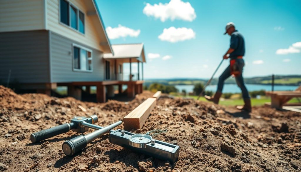 A skilled contractor is meticulously restumping a house on the picturesque Mornington Peninsula. In the foreground, tools like a jackhammer and leveling gauge lie neatly arranged on uneven soil, with a wooden beam being delicately positioned beneath a house for stabilization. The middle ground showcases a partially elevated home, with a focus on the sturdy wooden stumps being placed with precision. In the background, the lush coastal landscape of the Mornington Peninsula stretches out under a bright blue sky, dotted with a few fluffy clouds. Natural daylight illuminates the scene, casting soft shadows and creating a sense of tranquility and professionalism. The mood is industrious yet serene, reflecting the importance of foundation repair services. The angle is slightly elevated, capturing both the work in action and the surrounding beauty.