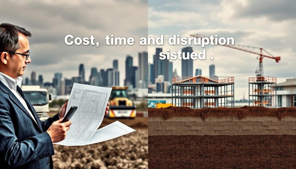 A split scene depicting "Cost, time, and disruption" in construction processes, with the left half illustrating resin injection and the right half showcasing underpinning. In the foreground, a contractor dressed in professional business attire examines a detailed project plan with a tablet, symbolizing time management. In the middle ground, contrasting construction sites are visible; on the left, workers efficiently performing resin injection with modern equipment, and on the right, a complex underpinning project with scaffolding and heavy machinery. The background features a Melbourne city skyline under overcast skies, evoking a serious yet hopeful atmosphere. Soft, diffused daylight casts gentle shadows, highlighting the importance of each construction method. The overall mood is professional and informative, emphasizing the balance of cost and time in construction projects.