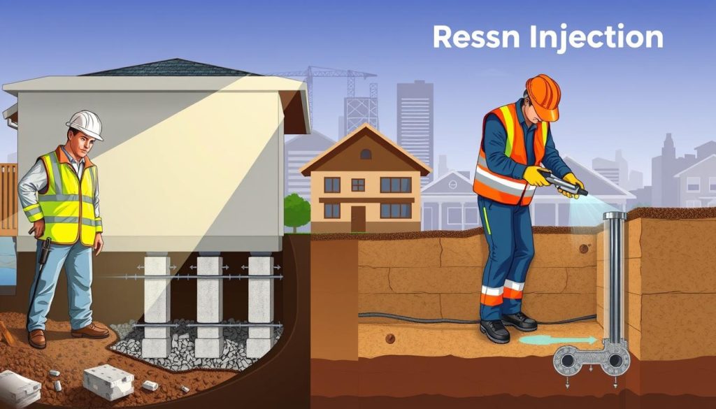 A split-scene illustration contrasting underpinning and resin injection methods used in Melbourne. In the foreground, on the left, show a construction worker in professional attire inspecting an underpinning site with concrete piers being installed under a house, illuminated by soft natural lighting. Tools and materials like concrete blocks and rebar are visible. On the right, illustrate a contrasting resin injection process, with a technician in a hard hat applying resin into drilled holes along a foundation, with vibrant colors to emphasize the materials used. In the middle ground, depict a partially completed building entering the two techniques, surrounded by Melbourne architecture in the background. Capture the busy yet professional atmosphere, emphasizing the choices in foundation repair.