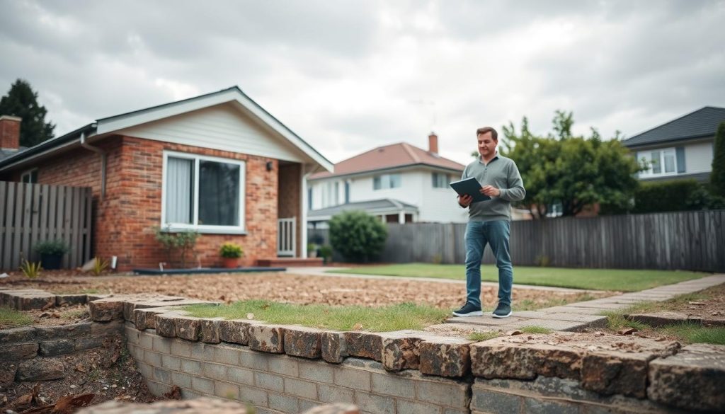 A suburban Melbourne home showing clear signs of structural distress in the foreground, with visible cracks in the foundation and walls. In the middle ground, a professional contractor in modest casual clothing inspects the house, holding a tablet and taking notes, embodying a sense of urgency. The background features a lush green garden, slightly overcast skies, and other nearby homes, illustrating a typical residential area. Soft, diffused natural lighting enhances the mood, evoking a sense of concern and the necessity for action. The angle should be slightly elevated, providing a comprehensive view of the property and emphasizing its structural issues, while maintaining a professional and informative atmosphere.