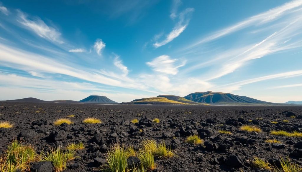 A sweeping view of a volcanic plain in Melbourne, showcasing distinctive basalt soils enriched with dark, rocky textures and subtle mineral variations. In the foreground, patches of green grass contrast with the rugged, black-grey basalt formations, hinting at fertile soil. The middle ground reveals gently rolling hills formed by ancient lava flows, with scattered vegetation clinging to the terrain. In the background, a bright blue sky with wispy clouds adds depth, illuminated by warm sunlight casting soft shadows on the landscape. The atmosphere evokes a sense of geological history and stability, ideal for understanding foundation behavior. The scene is captured with a wide-angle lens at a low angle to emphasize the expansive ground and the textures of the basalt soils.