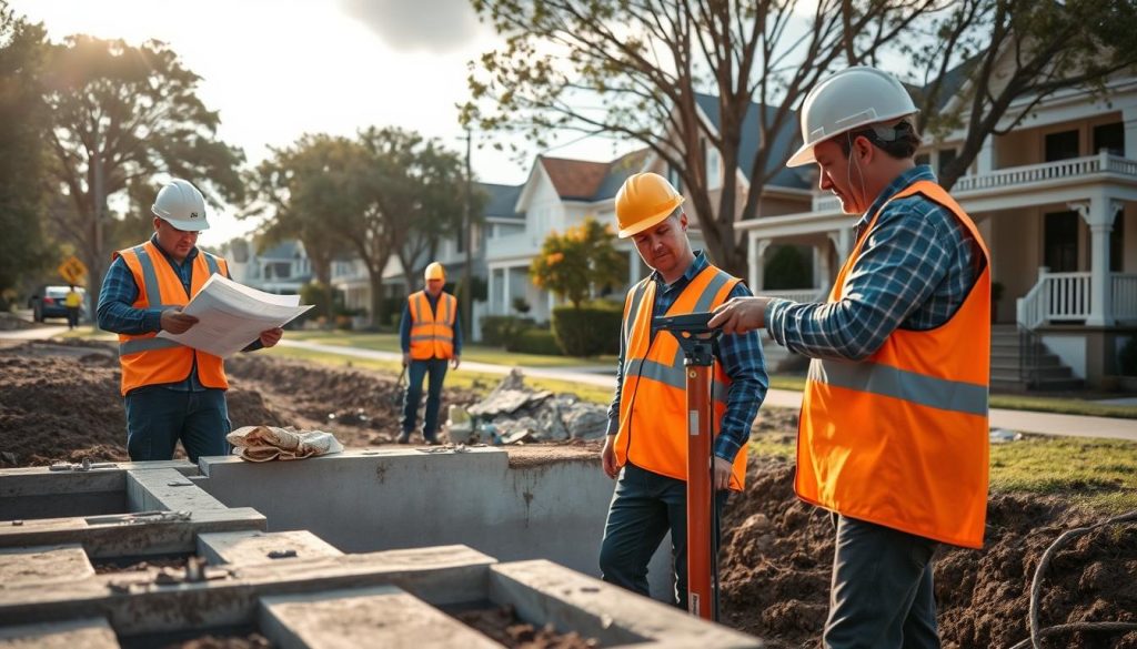 A team of professional workers in safety helmets and high-visibility vests is actively engaged in foundation services for residential homes in Melbourne. In the foreground, one worker examines blueprints, while another operates a hydraulic jack for underpinning. The middle ground features a half-exposed foundation, showing concrete materials and tools like shovels and excavation equipment. The background showcases a typical Melbourne neighborhood, with trees lining the streets and classic houses with porches. The scene is illuminated by soft afternoon sunlight filtering through clouds, creating a warm and professional atmosphere. The composition is captured at a slight angle to emphasize teamwork and skill in a safe working environment.
