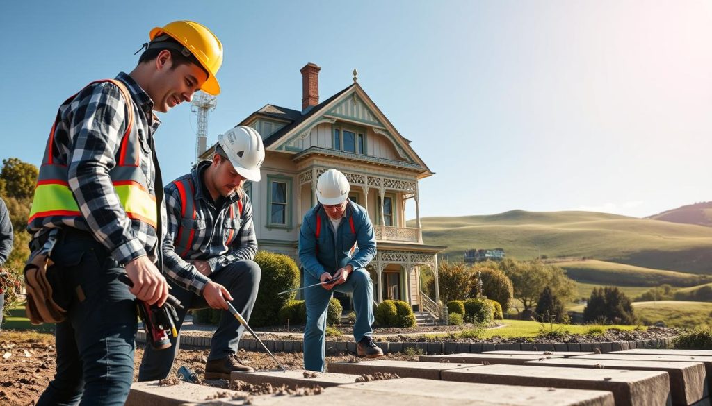 A team of structural preservation specialists working diligently on a heritage Melbourne home, focusing on underpinning techniques. In the foreground, a diverse group of three professionals, two men and one woman, dressed in hard hats and standard safety gear, examining the foundation with precision tools. In the middle ground, the beautifully restored Victorian-style home featuring ornate architecture and rich colors. The background showcases lush greenery typical of the Mornington Peninsula, with gently rolling hills under a clear blue sky. Soft afternoon sunlight casts a warm glow over the scene, enhancing the sense of care and expertise. The image captures a mood of professionalism and dedication in preserving local architecture.