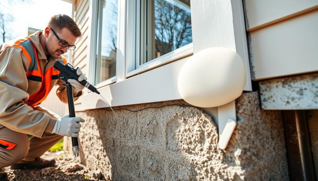 A technician in a professional outfit applies resin injection along the foundation of a residential building. The foreground shows the technician using a specialized tool, with a focus on their concentrated expression as they inject resin into gaps around the window frame. The middle ground features a close-up of the crack being filled with a glossy resin, highlighting its smooth texture, contrasting with the rough concrete. In the background, the foundation of the house is depicted, showing signs of traditional underpinning techniques, like steel beams, for comparison. The setting is brightly lit with natural sunlight, casting soft shadows that enhance the textures. The atmosphere conveys a sense of innovation and precision in modern repair techniques.