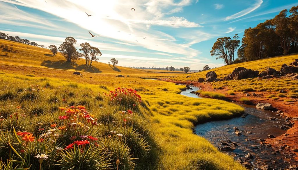 A vast expanse of grasslands stretches across a basalt plain, characterized by undulating terrain and patches of colorful wildflowers swaying gently in the breeze. In the foreground, clusters of native Australian grasses are highlighted with morning dew, while a winding stream reflects the soft golden light of dawn, hinting at the moisture dynamics of the area. The middle ground features scattered rocky outcrops of basalt, creating contrast against the vibrant green landscape and rich brown soil. Towering eucalyptus trees dot the horizon, framing the scene beneath a bright blue sky adorned with wispy clouds. The atmosphere is serene yet alive, with birds soaring overhead and the gentle rustle of leaves, capturing the essence of Melbourne's geological and ecological environment. The lighting is soft and natural, aiming for a medium shot that evokes a sense of tranquility and connection to nature.