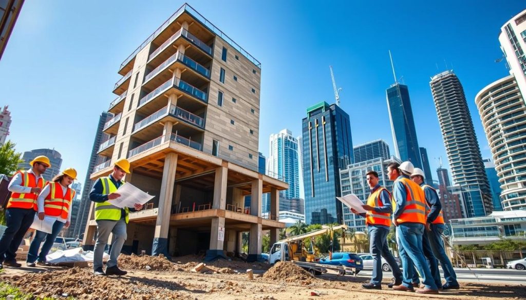 A vibrant urban scene depicting Melbourne's iconic architecture with a focus on underpinning construction. In the foreground, a team of diverse construction workers in professional work attire, diligently examining architectural blueprints next to an active underpinning site. In the middle ground, a partially visible building with exposed foundations and underpinning supports being installed, illustrating the construction process. The background features the Melbourne skyline, showcasing a mix of modern and historical buildings under a clear blue sky. The lighting is bright and natural, highlighting the structural integrity and precision of the underpinning work, creating a professional and industrious atmosphere. Capture this scene from a low angle to emphasize the building height and the craftsmanship involved in underpinning.