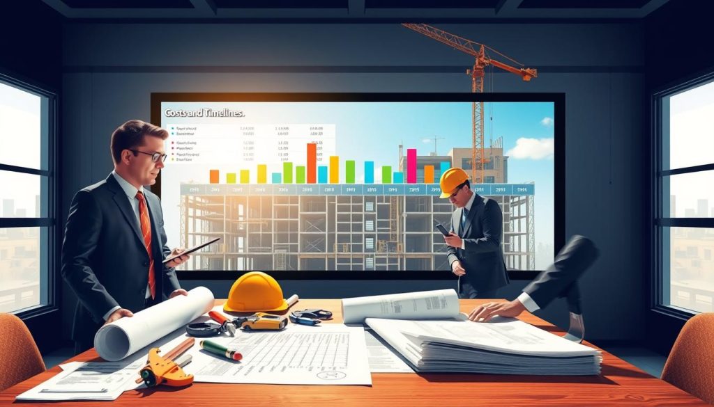 A visually engaging illustration representing "costs and timelines" within the context of a construction project. In the foreground, a well-dressed engineer examines blueprints on a table, surrounded by various construction tools and financial documents. The middle ground features a large digital display with a timeline showing project milestones, and bar graphs representing budget expenditures. The background showcases a partially constructed building with cranes and workers in hard hats, conveying activity and progress. Bright, natural lighting creates a professional atmosphere, capturing a sense of urgency and focus. The perspective is slightly elevated, showcasing the depth of the construction site, while a sense of collaboration is portrayed through attentive gestures and expressions of the individuals involved.