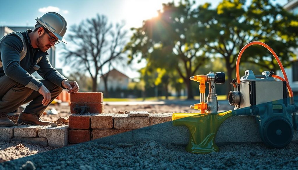 A visually striking image illustrating solutions for underpinning, featuring a split scene. In the foreground, a skilled contractor in professional attire is kneeling, examining a section of a building foundation, with traditional underpinning methods and tools like bricks and concrete visible on one side. In the middle ground, an innovative resin injection setup is depicted with advanced equipment, showcasing a vibrant, viscous resin being applied to the foundation. The background reveals a lightly blurred urban environment with mature trees and a clear blue sky, suggesting stability and growth. Soft, natural lighting enhances the scene, with a slight sun glare casting dynamic shadows. The mood is constructive and professional, emphasizing the contrast between traditional and modern techniques.