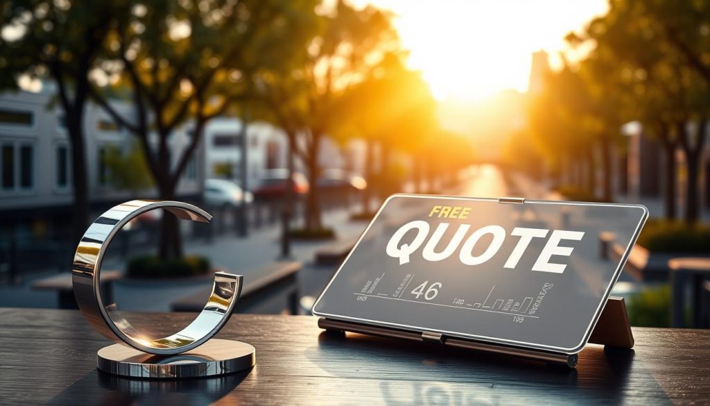 A visually striking scene showcasing a "free quote" concept, prominently featuring a modern, elegant quote symbol in the foreground, crafted from polished metal. In the middle ground, a transparent glass tablet displays numerical figures and construction-related graphics, symbolizing pricing and quotes. The background features a softly blurred urban landscape of Moonee Valley with subtle architectural elements like buildings and parks, illuminated by warm, natural sunlight filtering through trees. The angle should evoke a professional atmosphere, using a shallow depth of field to focus on the quote symbol while the cityscape extends into the distance. The overall mood is optimistic and professional, conveying clarity and transparency in pricing. No text or branding is included.