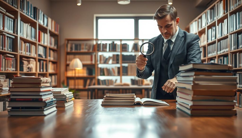 A well-organized book inspection service scene depicting a professional inspector in formal business attire, examining a large stack of books with a magnifying glass. The foreground features a polished wooden table covered with books and inspection tools, illuminated by soft, warm lighting. In the middle, shelves filled with neatly arranged books create an organized atmosphere, showcasing various titles and genres. The background features a cozy office space with a large window, allowing natural light to pour in, enhancing the peaceful mood. The overall atmosphere conveys a sense of professionalism, reliability, and serenity, reflecting the importance of book inspections in ensuring quality and minimal disruption. Use a slightly angled perspective to bring depth to the scene, focusing on the inspector's meticulous attention to detail.
