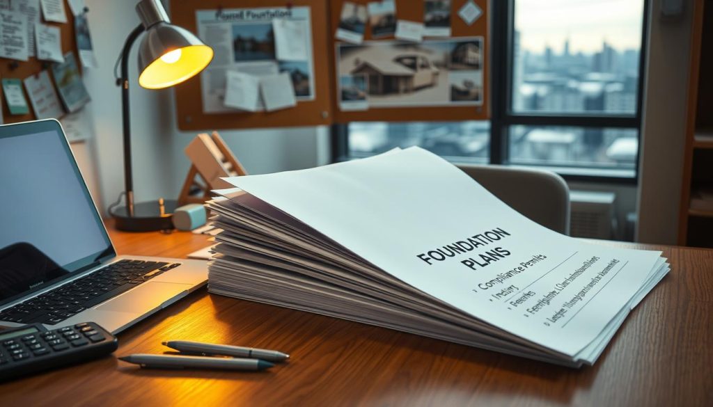 A well-organized desk in an office setting dedicated to foundation documentation for insurance and compliance. On the desk, neatly stacked documents labeled “Foundation Plans” and “Compliance Permits,” surrounded by a laptop and a glimmering table lamp casting warm light. Forking pens and a calculator add a touch of professionalism. In the background, a corkboard displays pinned notes and images related to underpinning in construction, while a cityscape is visible through a large window, suggesting an urban environment. The scene captures a focused yet calm atmosphere with soft, diffused lighting emphasizing the importance of documentation and regulatory compliance, shot from a slightly elevated angle to include the desk's contents and detailed background. A well-organized desk in an office setting dedicated to foundation documentation for insurance and compliance. On the desk, neatly stacked documents labeled “Foundation Plans” and “Compliance Permits,” surrounded by a laptop and a glimmering table lamp casting warm light. Forking pens and a calculator add a touch of professionalism. In the background, a corkboard displays pinned notes and images related to underpinning in construction, while a cityscape is visible through a large window, suggesting an urban environment. The scene captures a focused yet calm atmosphere with soft, diffused lighting emphasizing the importance of documentation and regulatory compliance, shot from a slightly elevated angle to include the desk's contents and detailed background.