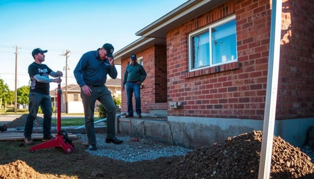 A well-organized foundation repair scene in Manningham, featuring a professional team of three workers in modest casual clothing. In the foreground, a worker is using a hydraulic jack to lift a house while another examines the foundation with a measuring tool. The middle ground showcases the house with visible cracks in the brickwork, and piles of gravel scattered around for the repair. In the background, a typical Manningham neighborhood with trees and utility poles is visible under a clear blue sky. Soft sunlight bathes the scene, casting gentle shadows and creating an atmosphere of trust and professionalism. The focus is sharp, highlighting the workers' dedication and expertise in foundation repair.
