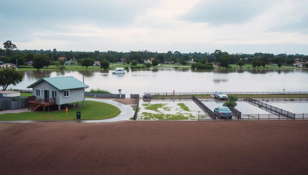 A wide-angle view of a Melbourne floodplain during a high water event, showcasing varying flood levels across a residential area. In the foreground, a well-kept property with a modest home sitting on stilts, clearly marked with flood markers. The middle ground features flooded lawns and submerged fences, with a few visibly affected vehicles standing partially under water. In the background, lush greenery and distant trees are reflected on the water's surface, under a slightly overcast sky that casts soft, diffused lighting. The atmosphere is somber yet educational, conveying the importance of assessing flood risk. Shot with a 35mm lens to provide detail and depth, focusing on the stark contrast between dry and flooded land. No people are present in the scene, ensuring a clear focus on the environmental aspect.